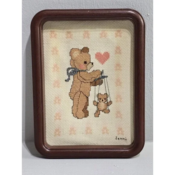 Framed Teddy Bear Cross Stitch Frame Vintage Nursery 1980's Decor Cottagecore - Picture 11 of 12